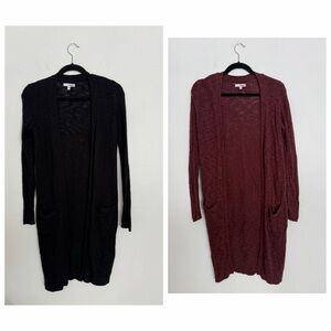 Women's Long Cardigan Sweater - Black and Burgundy .